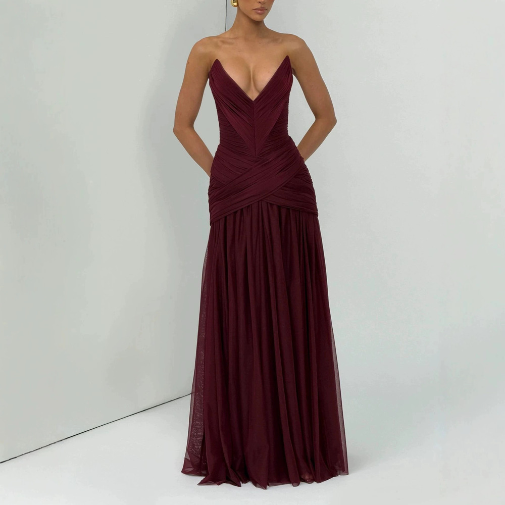 Zara Deep V Strapless Mesh Dress Ruched Waist Back Tie Long Bridesmaid Gown